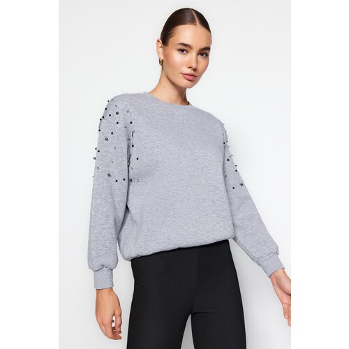 Trendyol Gray Melange Pearl Detailed Regular Fit Low-Sleeve Knitted Sweatshirt with Fleece Inside Cene