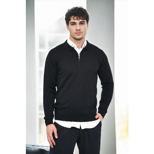 Dewberry 82155 Polo Neck Half Zipper Slim Fit Mens Sweater-BLACK Slike