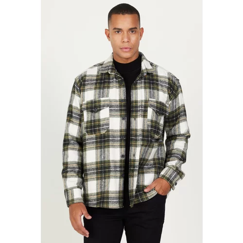 AC&Co / Altınyıldız Classics Men's Ecru Khaki Oversize Wide Cut Buttoned Collar Pocket Checkered Lumberjack Winter Shirt Jacket