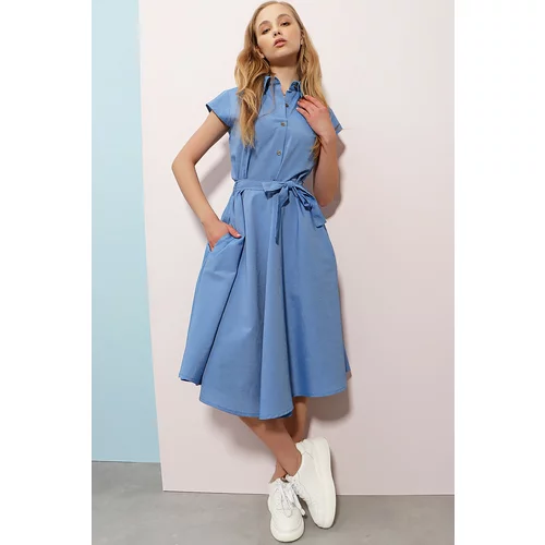 Trend Alaçatı Stili Women's Blue Sleeveless Linen Woven Shirt Dress