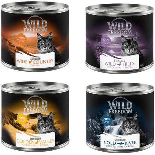 Wild Freedom Adult Sterilised 6 x 200 g - receptura bez žitarica - Mješovtio pakiranje (2xčista piletina, 2xcrni bakalar, 1xkunić, 1xpačetina) Cijene