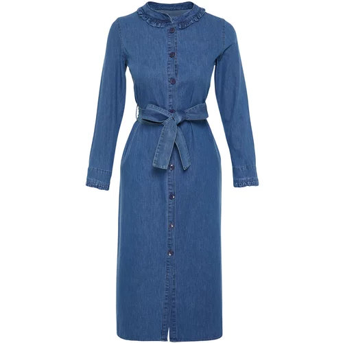 Trendyol Blue Ruffle Neck Denim Maxi Dress