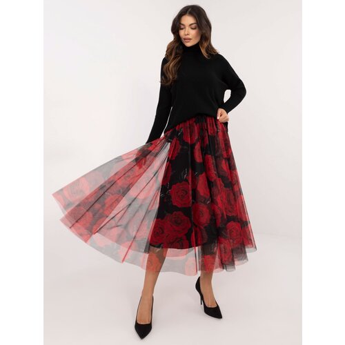 Fashionhunters Red and black floral tulle midi skirt Slike