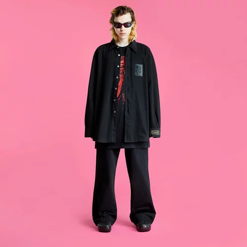 Raf Simons Straight Fit Denim Shirt With Label On Sleeve