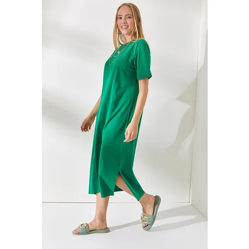 Olalook Women's Grass Green Oversized Cotton Dress with Side Slits