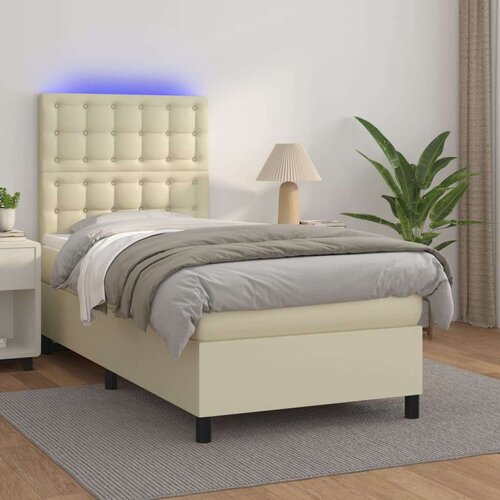  Krevet box spring s madracem LED krem 90x190 cm od umjetne kože - Krema 90 x 190 cm gumbi Cijene