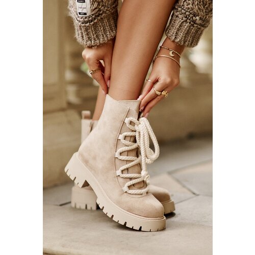 PS1 Warm ankle boots made of eco suede with zipper light beige Caellita Slike
