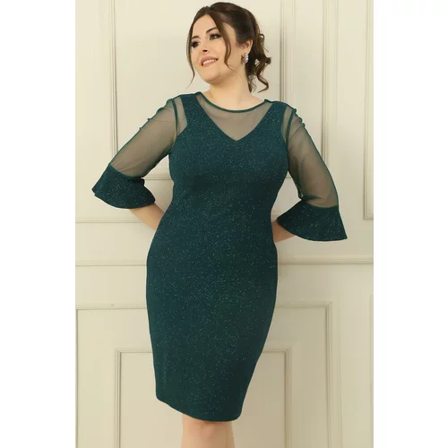 By Saygı Plus Size Lurex Dress with Tulle Detail on Sleeves and Collar and Flounce on Sleeves