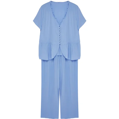 Trendyol Curve Blue Shally Homewear Plus Size Pajama Set