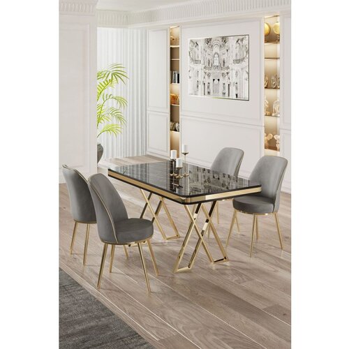 Hanah home vals - black marble, gold, grey black marblegoldgrey dining table & chairs set (5 pieces) Cene