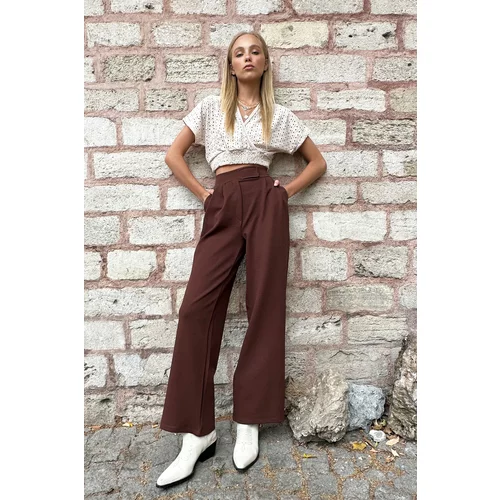 Trend Alaçatı Stili Women's Brown High Waist Double Pockets Pleated Palazzo Pants with Snap Snap Closure