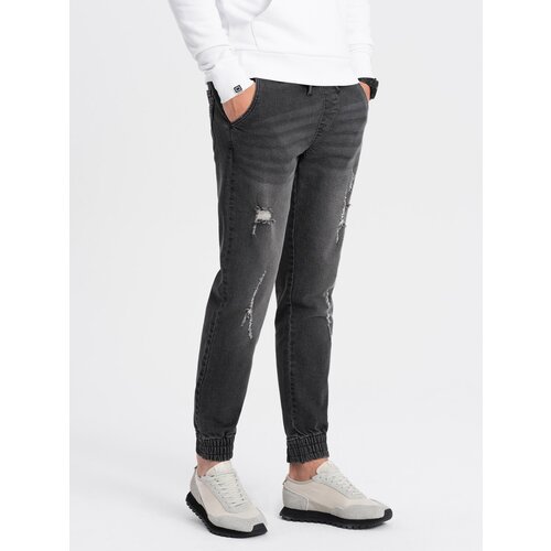 Ombre Men&amp;#039;s JOGGER denim pants with rubbing - black Slike