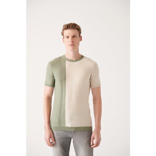 Avva Men's Aqua Green Crew Neck Color Block Ribbed Standard Fit Regular Fit Knitwear T-shirt Slike