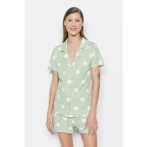 Trendyol Mint 100% Cotton Polka Dot Shirt-Shorts Knitted Pajama Set