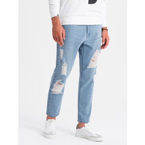 Ombre Men&amp;#039;s TAPERED FIT denim pants with holes - light blue Slike