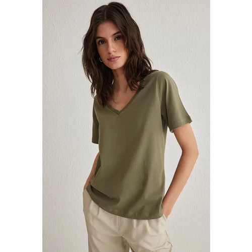 Trendyol Khaki 100% Cotton Basic V Neck Knitted T-Shirt