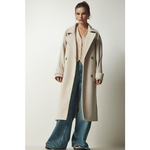  Women&amp;#039;s Cream Double Breasted Neck Belted Oversize Cachet Coat Slike