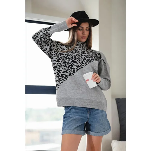 Dewberry 90315 Half Turtleneck Leopard Womens Sweater-GREY