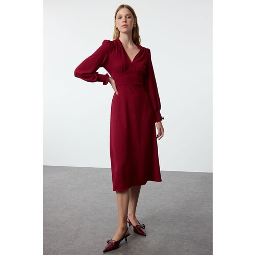 Trendyol Burgundy Waist Opening Corsage Detailed Midi Woven Dress Cene