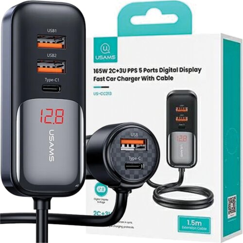 Usams OMREŽNI POLNILEC 3XUSB 2XUSB-C 165W PD QC FAST CHARGE ČRN, (22070518) Cene