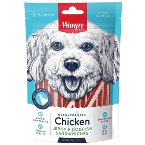 WANPY poslastica za pse Dog Jerky & Codfish Sandwiches piletina 100 g Cene