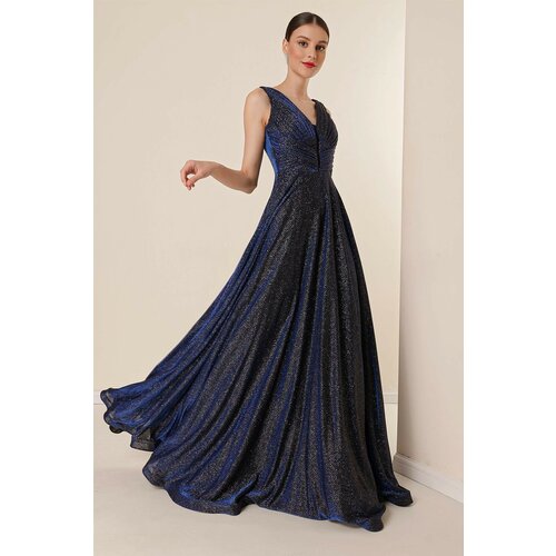 By Saygı Thick Straps Lined Mini Checkered Long Dress, Wide Body Interchange, Glittery Saks Cene