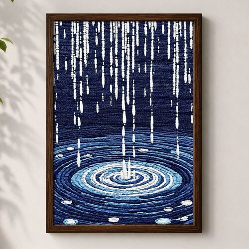 Wallxpert uramljena MDF slika 3752KACT-060, ki&amp;scaron;a i krugovi na vodi u tamnoplavim tonovima, 37 x 52 cm Slike