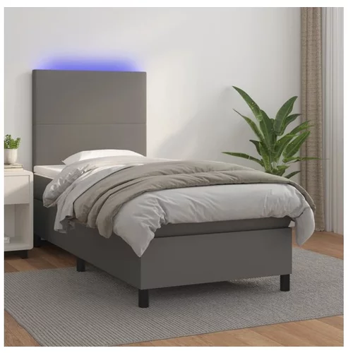vidaXL Box spring postelja z vzmetnico LED siva 90x200 cm um