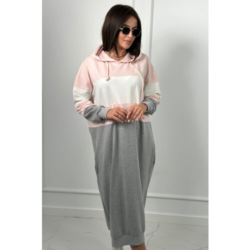 Kesi Three-color hooded dress powder pink + ecru + gray Slike