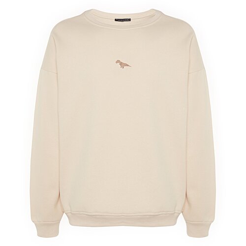 Trendyol Beige Men&amp;#039;s Men&amp;#039;s Oversize Crew Neck Soft Pillow Dinosaur Embroidery Sweatshirt. Slike