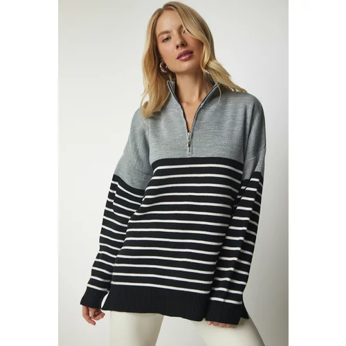 Happiness İstanbul Women's Gray Black Striped Zipper Stand Up Collar Knitwear Sweater