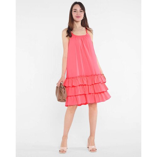 Resti Pink neon women's dress on straps with frills - Clothing Cene