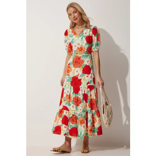 Happiness İstanbul Women's Red Green Floral V-Neck Summer Woven Dress