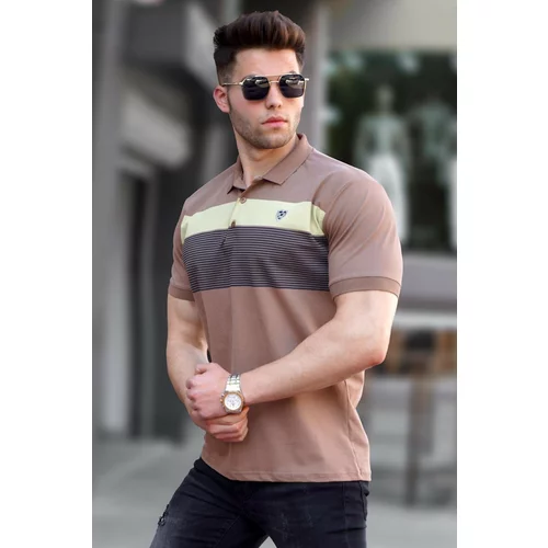 Madmext Men's Brown Striped Polo Neck T-Shirt 5864