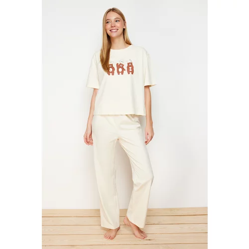 Trendyol Beige 100% Cotton Motto Printed T-shirt-Pants Knitted Pajamas Set