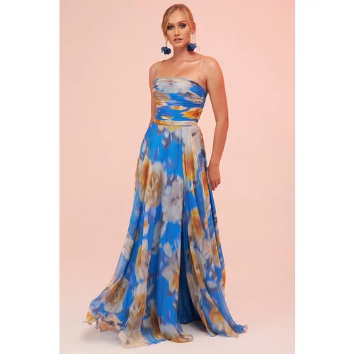 Carmen Blue Strap Slit Printed Evening Dress