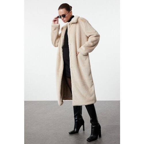 Trendyol Ecru Oversize Long Fur Coat Slike
