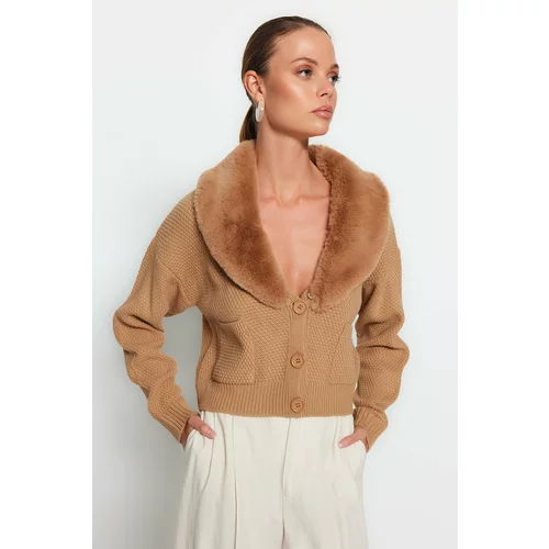 Trendyol Camel Crop Faux Fur Collar Knitwear Cardigan