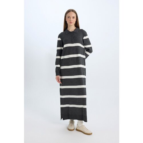 Defacto Regular Fit Polo Collar Buttoned Striped Long Sleeve Maxi Dress Slike