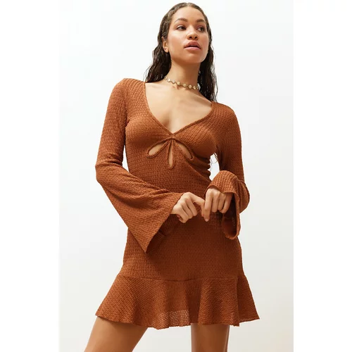 Trendyol Brown Fitted Mini Knitted Ruffled Beach Dress