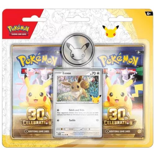 Asmodee Pok&amp;eacute;mon TCG: 30. obljetnica 2-pak blister &amp;ndash; dvostruko &amp;scaron;iroki (Eevee promo + Pikachu novčić) Slike