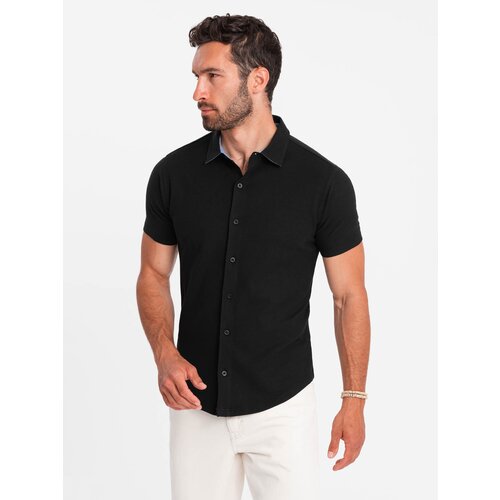 Ombre Men's knitted slim fit shirt with short sleeves and collar - black Cene