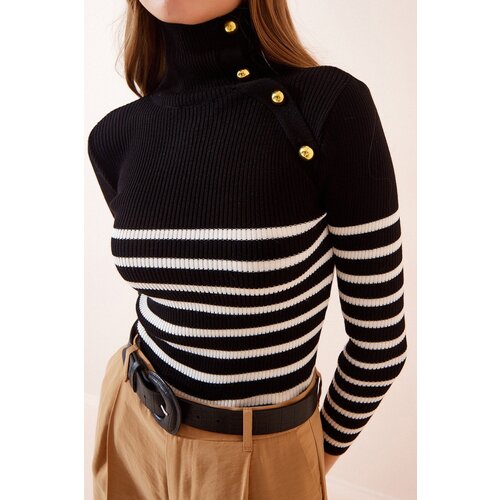 Bigdart 15818 Buttons Striped Sweater - Black Cene