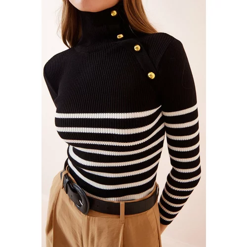 Bigdart 15818 Buttons Striped Sweater - Black