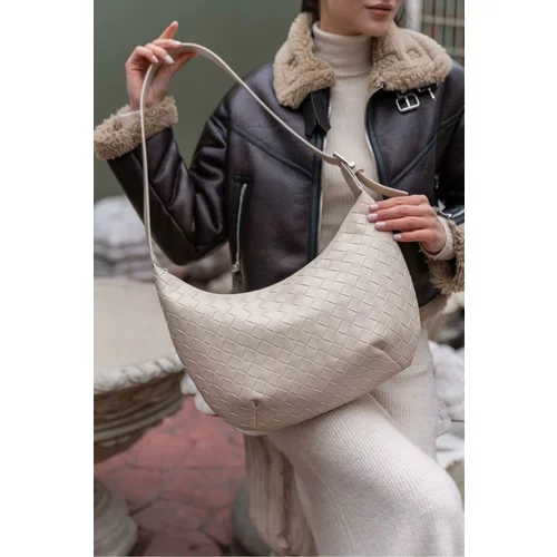 Madamra Women's Cream Knitted Patterned Big Bag
