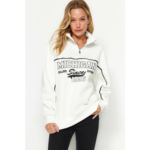 Trendyol Ecru, Zipper Printed Oversized/Wide fit Stitched Fleece Inside Knitted Sweatshirt Slike