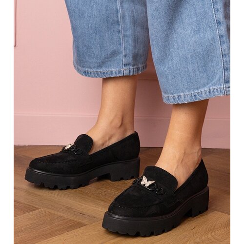 Gemre Black women's moccasins with a zirconia butterfly Mokka Cene