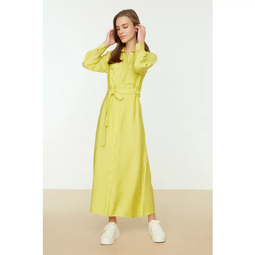 Trendyol Yellow Waist Elastic Belted Pocket Detailed Woven Dress
