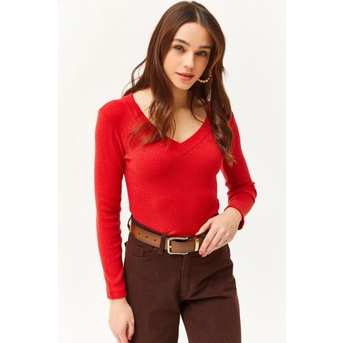 Olalook Women's Red Thick Band V-Neck Raising Blouse Slike