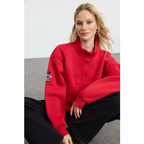 Trendyol Dark Red Thick Inside Fleece Embroidered High Collar Oversize/Wide Cut Knitted Sweatshirt